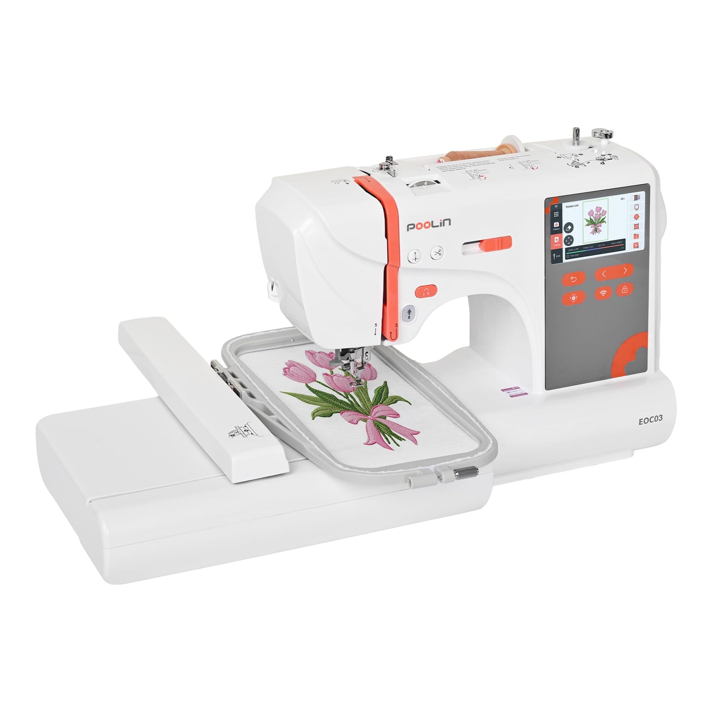 PooLin EOC03 Embroidery Machine 4x4 & 4x9.25 Embroidery Area for Beginners, Easy Operation System, 130 Built-in Designs, 8 Fonts, WiFi Design Transfer, Home DIY Embroidery Machine with Starter Kit