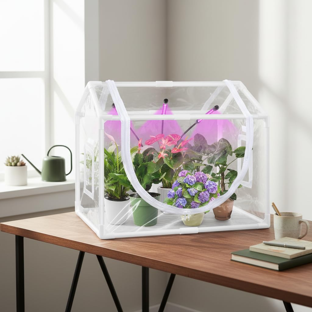 Vercome Indoor Mini Greenhouse with Grow Light, Tabletop Small Greenhouse for Beginners, All-in-One Tiny Plant Nursery Kit with Adjustable LED Light & Timer, Smart Grow Tent for Herbs, Gardening Gift