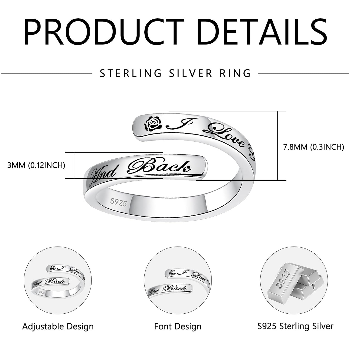 S925 Sterling Silver Inspirational Jewelry Rings Adjustable Ring Personality Encouragement Gift for Teens Women