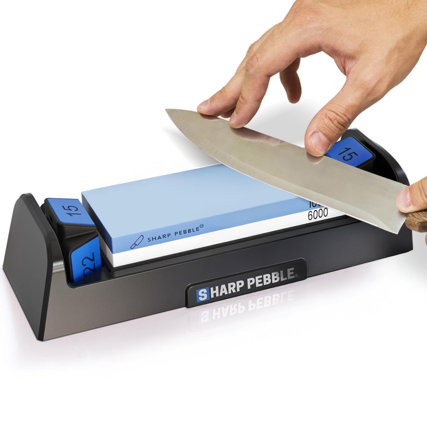 Sharp Pebble Complete Whetstone Knife Sharpening System – 1000/6000 Grit Wet Stone Sharpener Kit with Built-In Angle Guides (15°/17°/20°/22°) – Beginner-Friendly