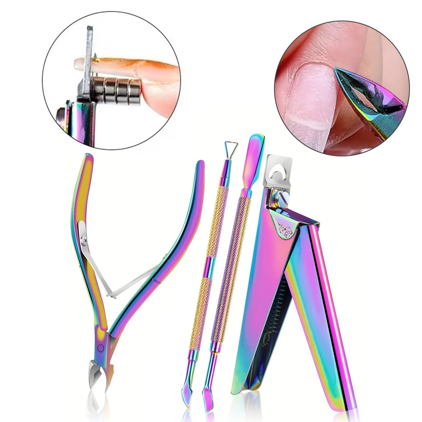 4Pcs Iridescent Nail Manicure Tool Set, Rainbow Stainless Steel Nail Clipper, Cuticle Nipper & Cuticle Pusher Kit, Professional Non-Slip Nail Prep Tools for Salon & Home DIY Manicure