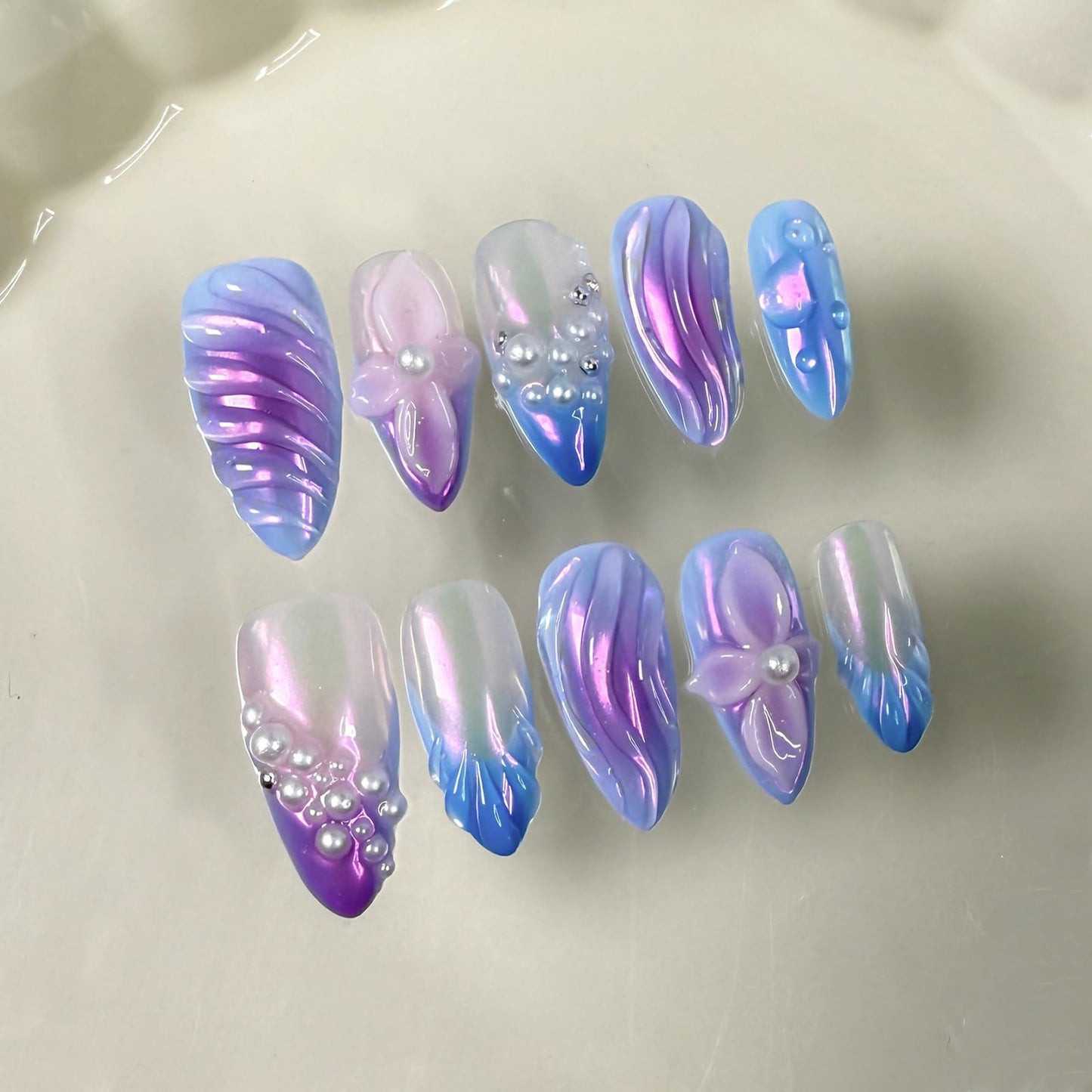 ASABITE 10Pcs Handmade Almond Press On Nails Medium French Tip False Nails Blue Purple Gradient 3D Pearl Flower Design Acrylic Nails Press Ons Full Cover Reusable Stick Ons For Women (S)
