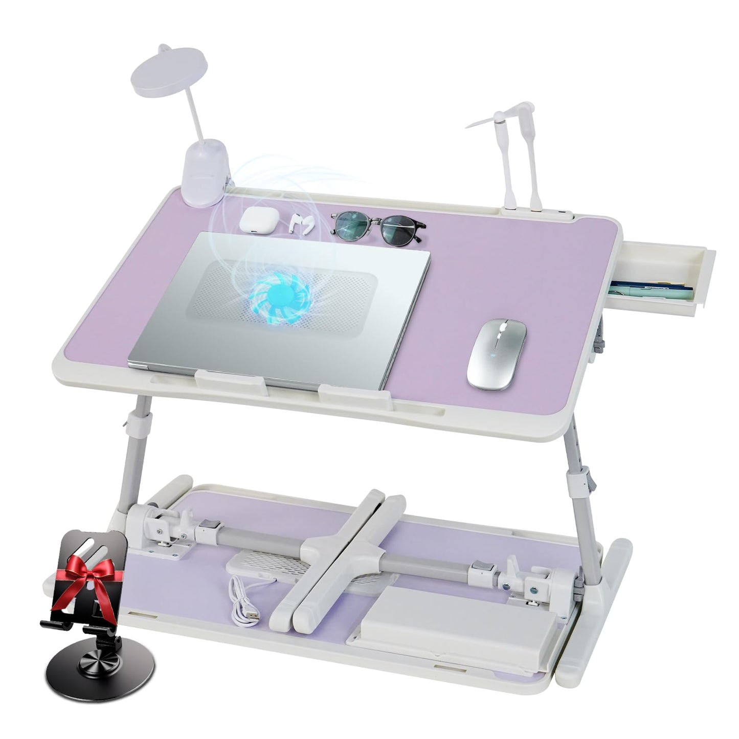 iXTRA Laptop Lap Desk Include Cooling Fan,Adjustable Lap Desk with Light Fan,Folding Laptop Desk for Bed with USB,Bed Desk with Storage Drawer 56x32cm,Purple