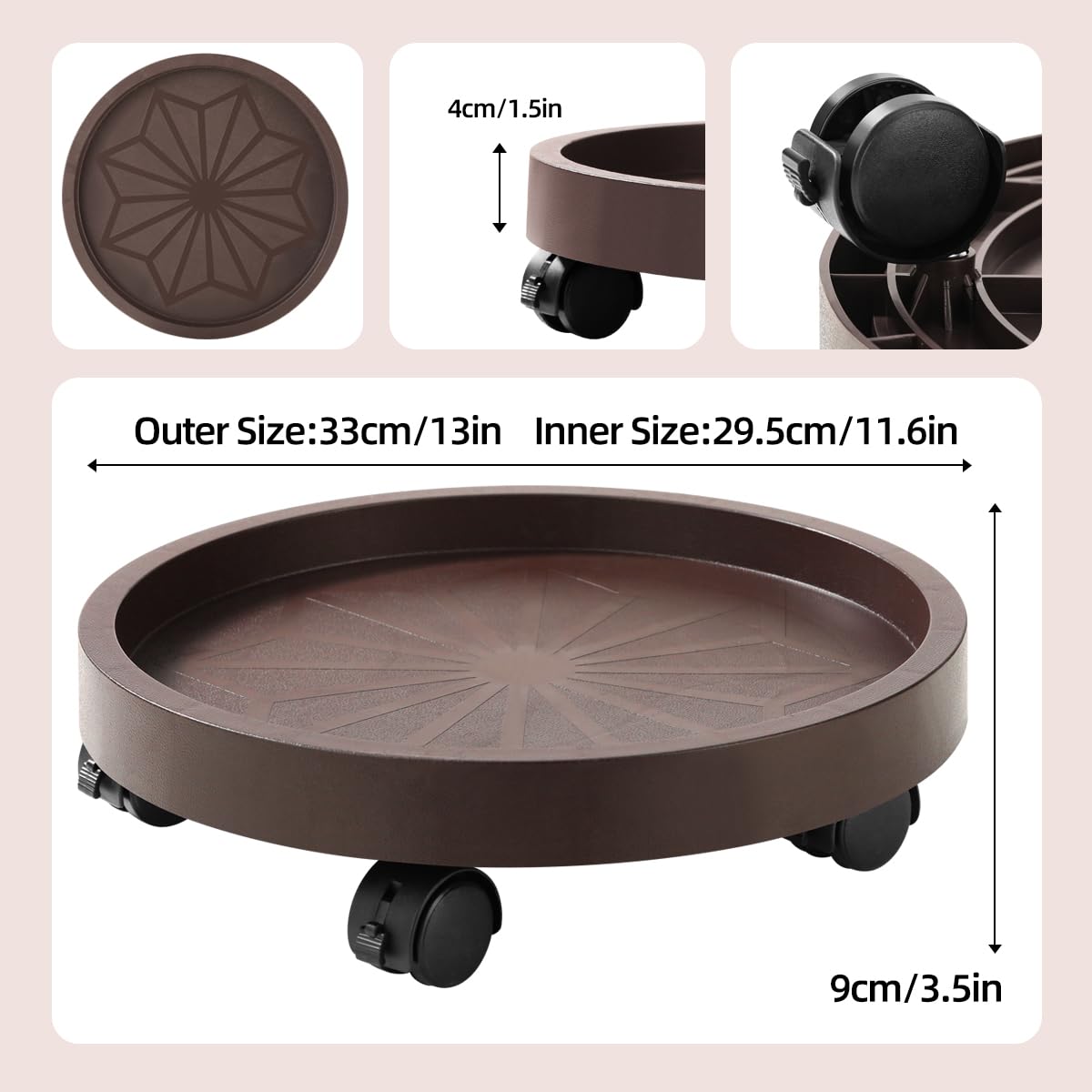 Maxurry 2Pack Plant Caddy with Wheels Plastic Round Plant Dolly Lockable Caster Wheels Holder For Planter Potter Display Stand Inoor Outdoor Using Decoration(Brown)