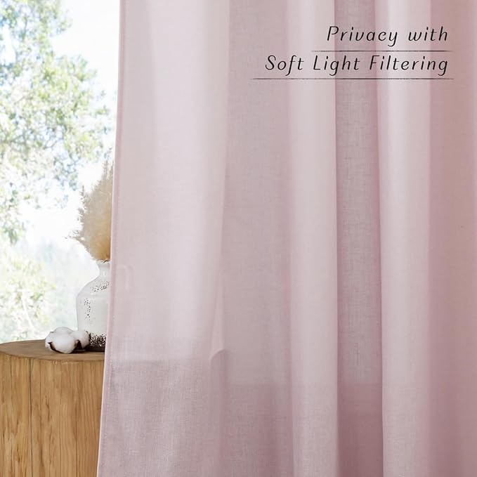 NICETOWN Blush Pink Linen Curtains for Kitchen, Thick Flax Small Window Treatments Semi Sheer Privacy Assured with Light Through for Cafe/Bathroom, W42 x L90, 2 Panels