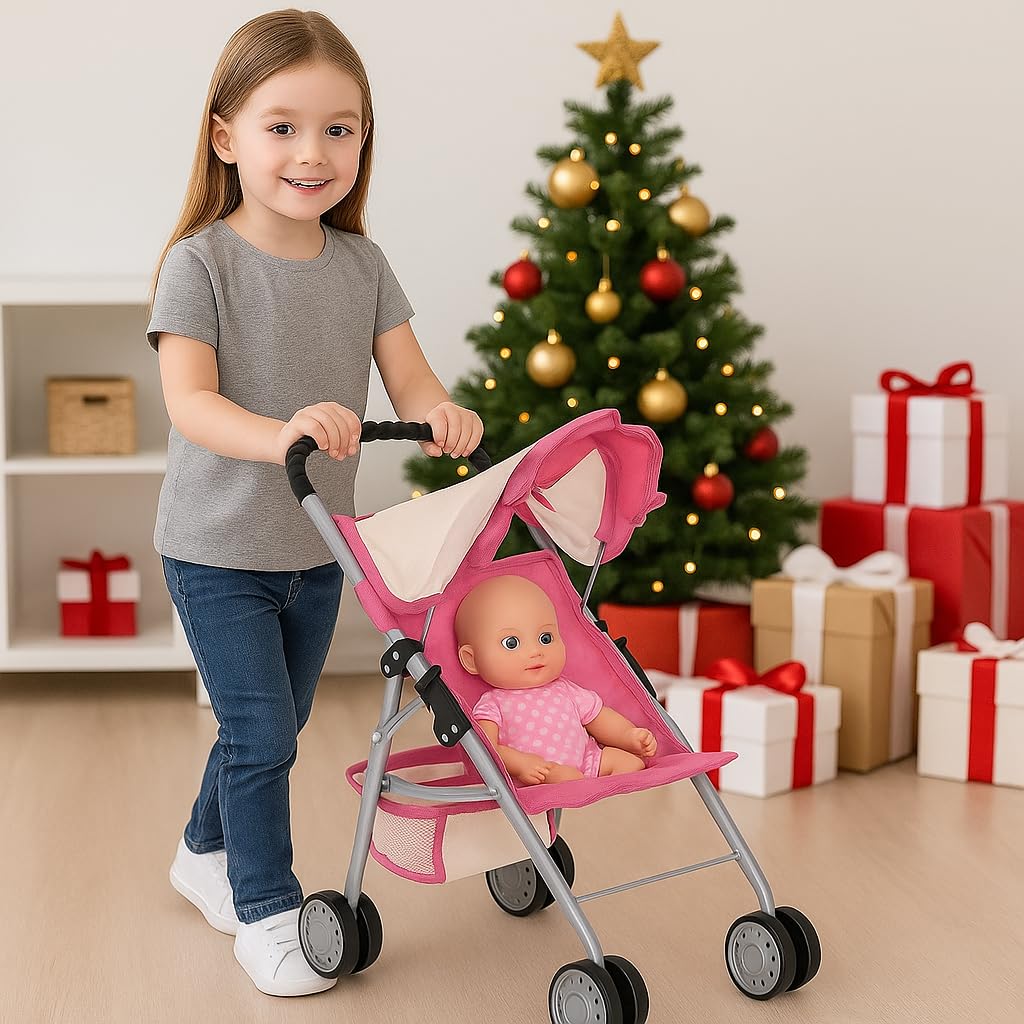fash n kolor My First Doll Stroller with Basket - Pink Off-White Foldable Doll Stroller - Fits Upto 18" Dolls, 2 Free Magic Bottles Included