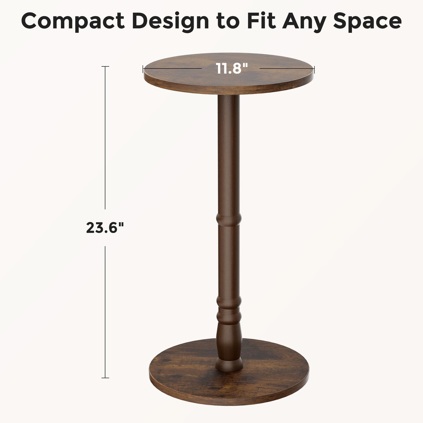 Homleke 12" Round Side Table, Solid Wood Pillar with Wood Top & Base, Small Drink Accent Table for Living Room, Bedroom, Sofa & Office, Easy Assembly, Rustic Brown