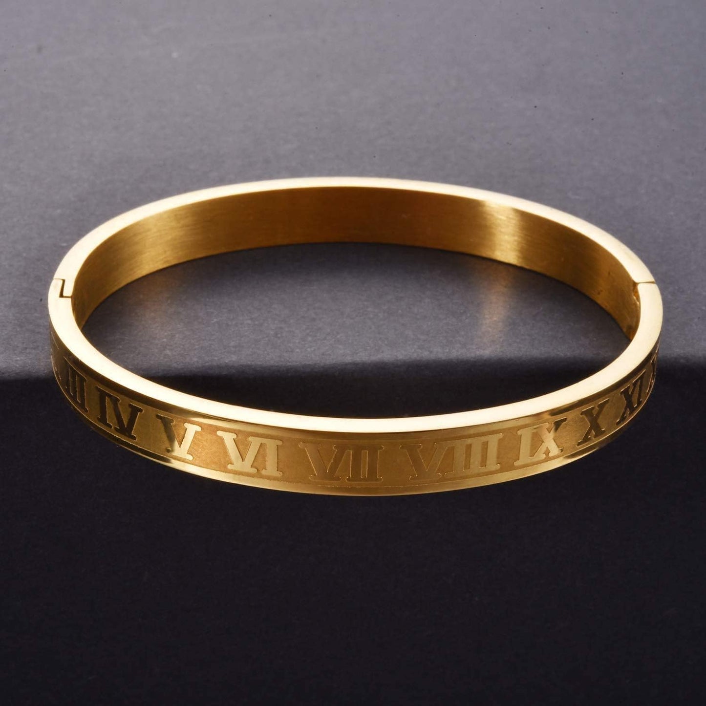 Jarlinwel Gold Silver Plated Bracelets for Men Women Roman Numeral Bangle Bracelet Stainless Steel Personalized Engraved Unisex Gift (Gold 8mm Mens)