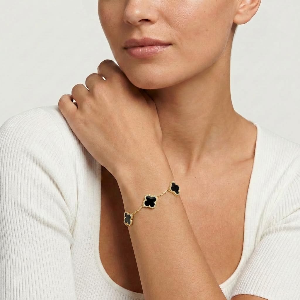 SHINYY Four Leaf Clover Bracelet for Women | 18K Gold Plated Cubic Zirconia Link Bracelet | 4 Leaf Lucky Jewelry Gift for Her (Black Gold)