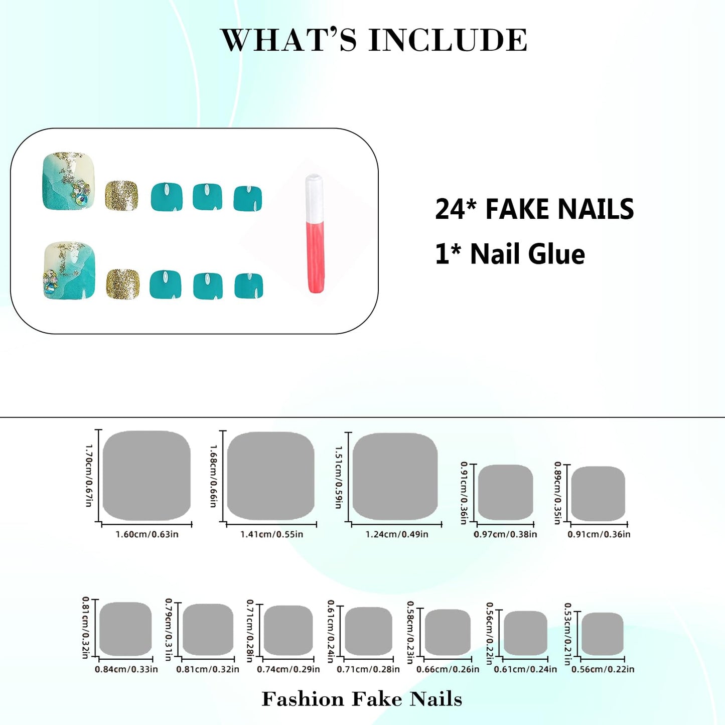 IMRAIN Press on Toenails Short Square Fake Toenails Blue White Toenail Press ons Cute Summer False Toe Nails with Sea Wave Designs Glossy Golden Glitter Glue on Toe Nails for Women 24Pcs