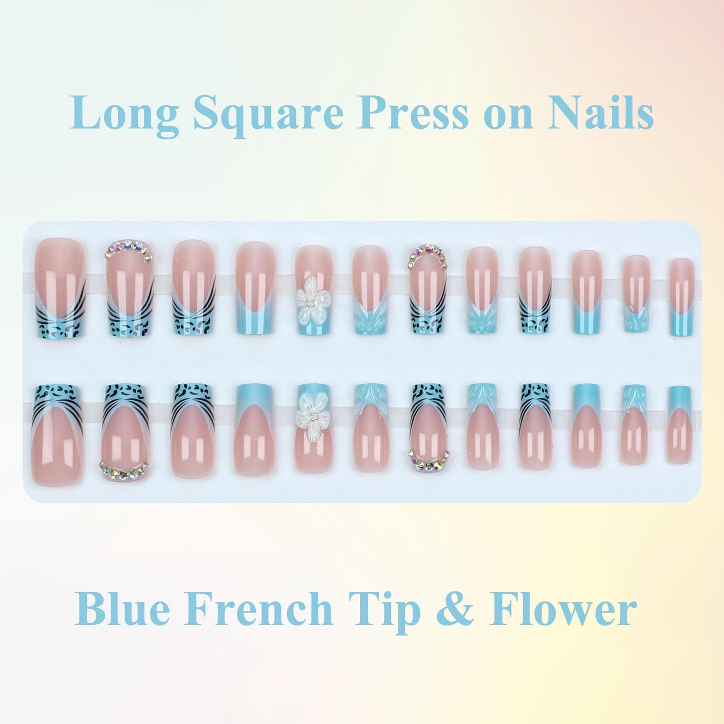 MISUD Press on Nails - Long Square Glue on Nails with Blue French Tip, Acrylic Summer Flower Design 24 pcs