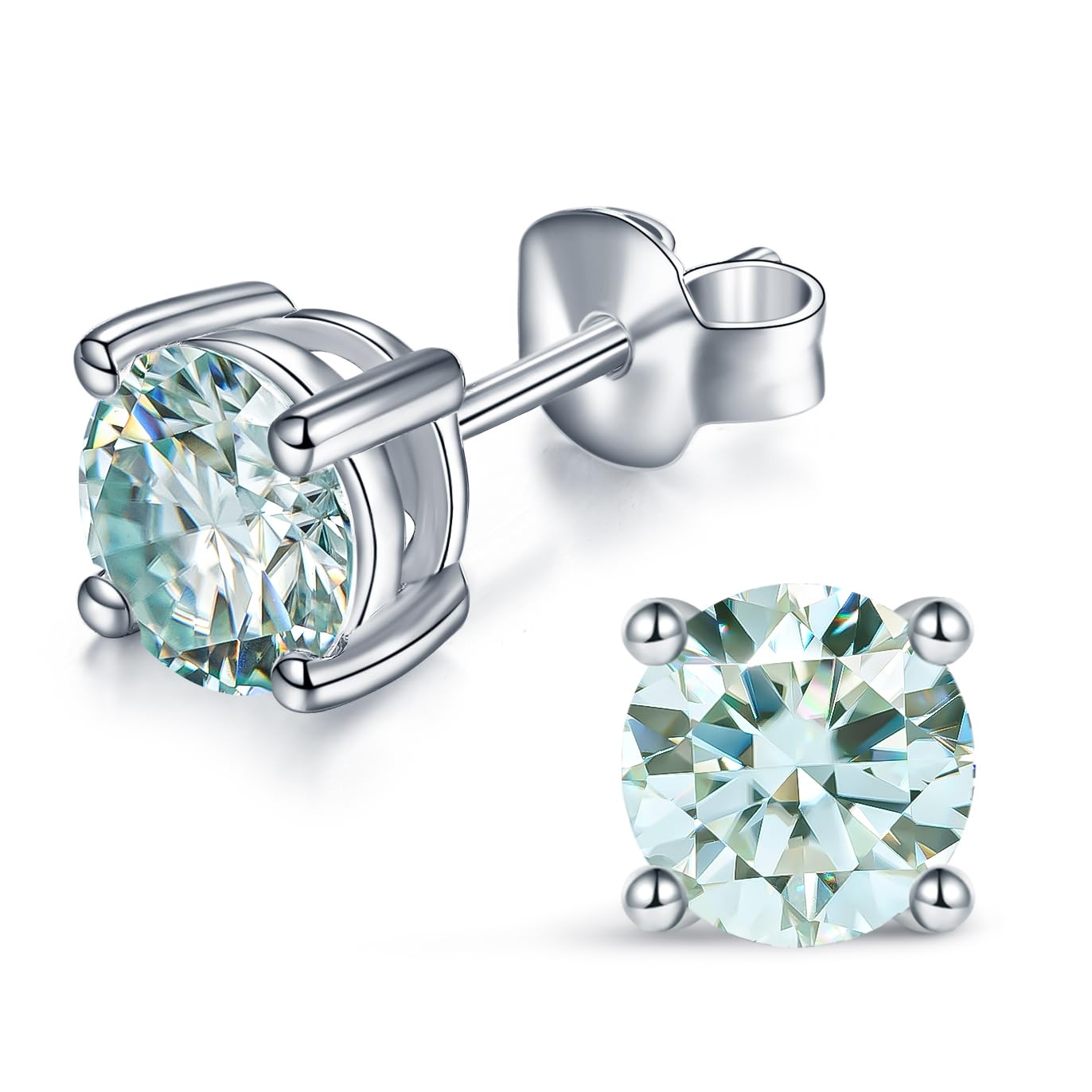 YODEWA Moissanite Stud Earrings for Women 925 Sterling Silver Hypoallergenic Butterfly Back 1 Pair DEF Color Lab Created Brilliant Round Moissanite Earrings (Blue 2CT)