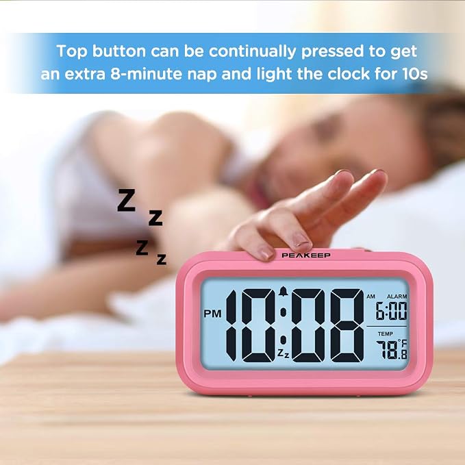 Peakeep Night Light Digital Alarm Clock Battery Operated Indoor Temperature | Small Cordless Cute Clock for Bedroom Desk Travel, Simple to Use for Teens Kids (Pink)