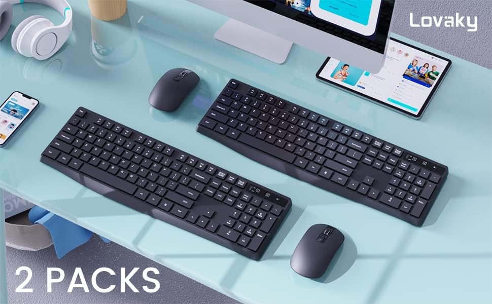 Wireless Keyboard and Mouse Combo, Lovaky 2.4G Full-Sized Ergonomic Keyboard, 3 DPI Adjustable Cordless USB Mouse, Quiet Click for Computer/Laptop/Windows/Mac (2 Pack, Black)