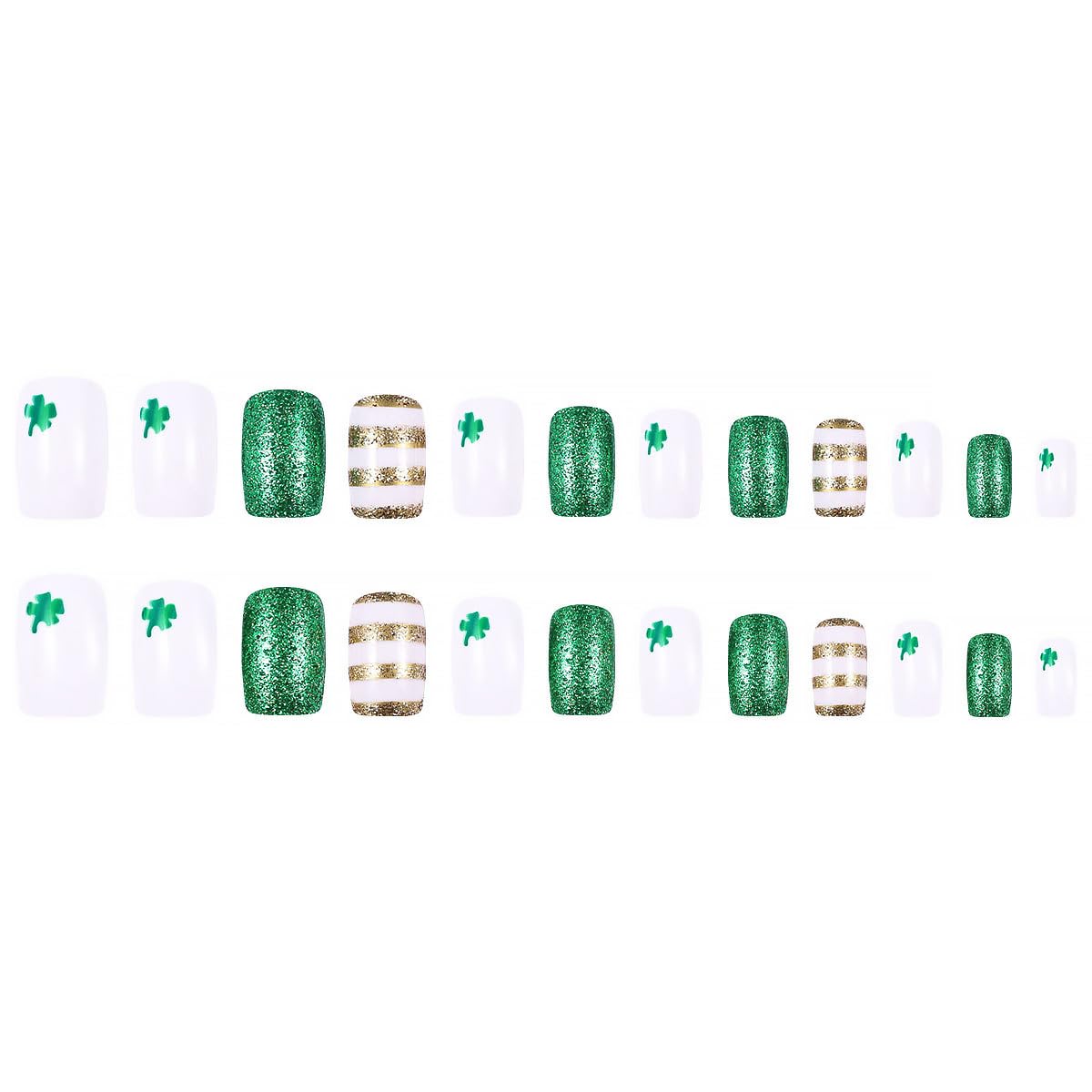 24Pcs St. Patrick's Day Press on Nails Short Square Fake Nails Gold Glitter Line Design Green Shamrock False Nails White Full Cover Artificial Glue on Nails Irish Stick on Nails for Women DIY Manicure