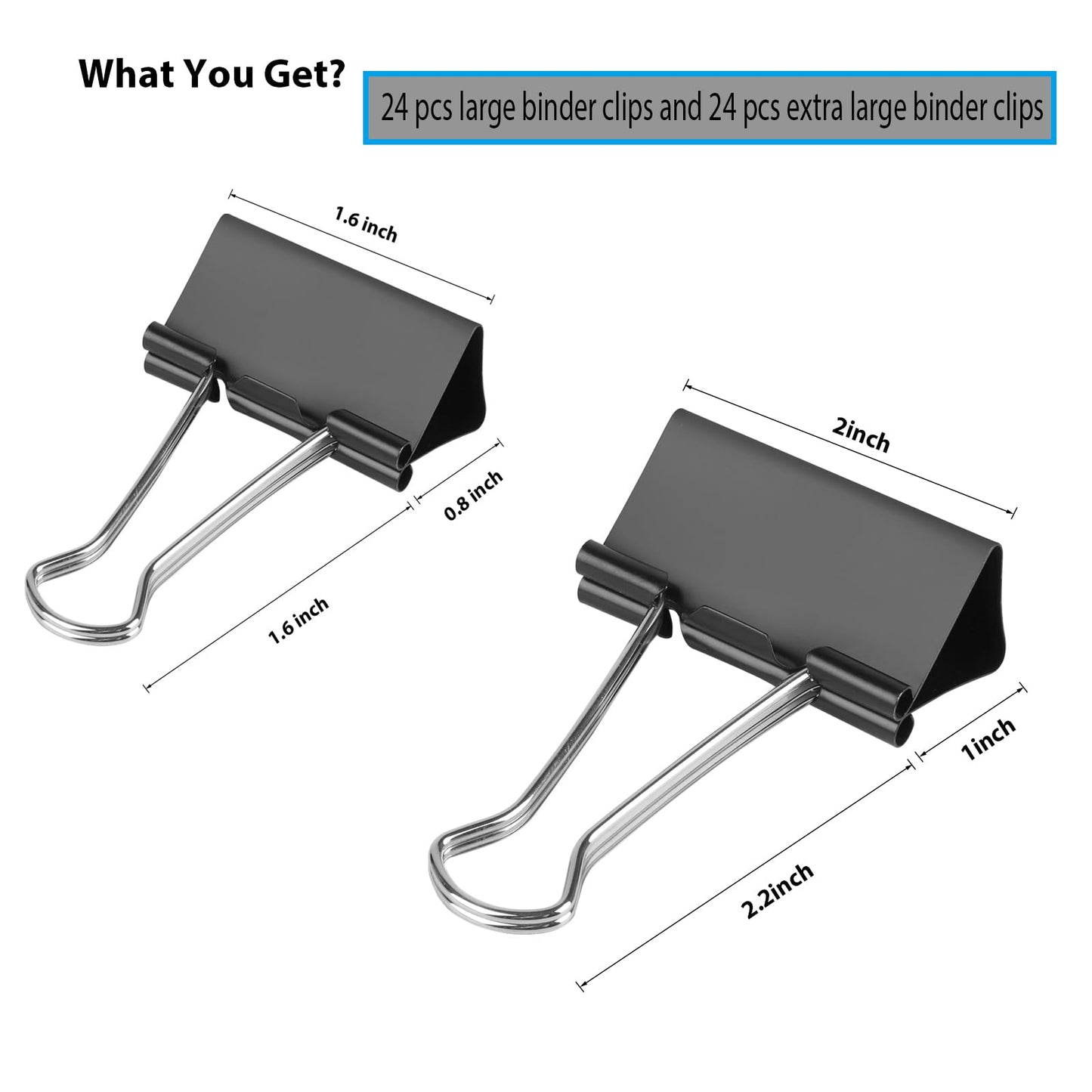 48 Pcs Large and Extra Large Binder Clips, 2 Inch Length (24 Pcs) and 1.6 Inch Length (24 Pcs)