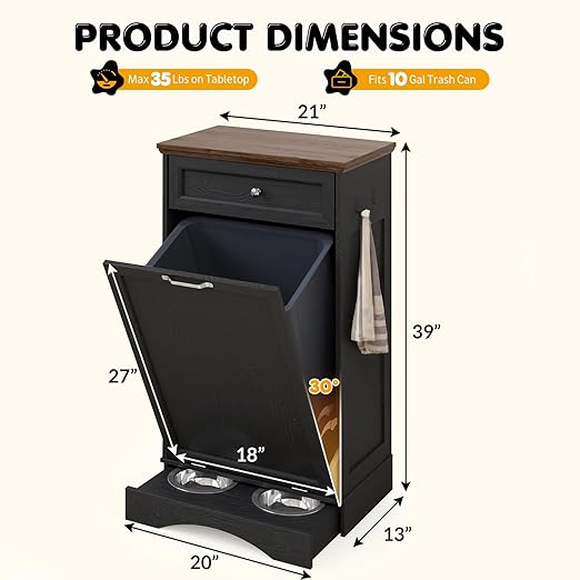 Furnivio Tilt Out Trash Can Cabinet with Dog Bowl, 10 Gallons Dog Feeding Station with Storage, Dog Food Cabinet with Hideaway Drawer for Kitchen, Living Room,Laundry Room