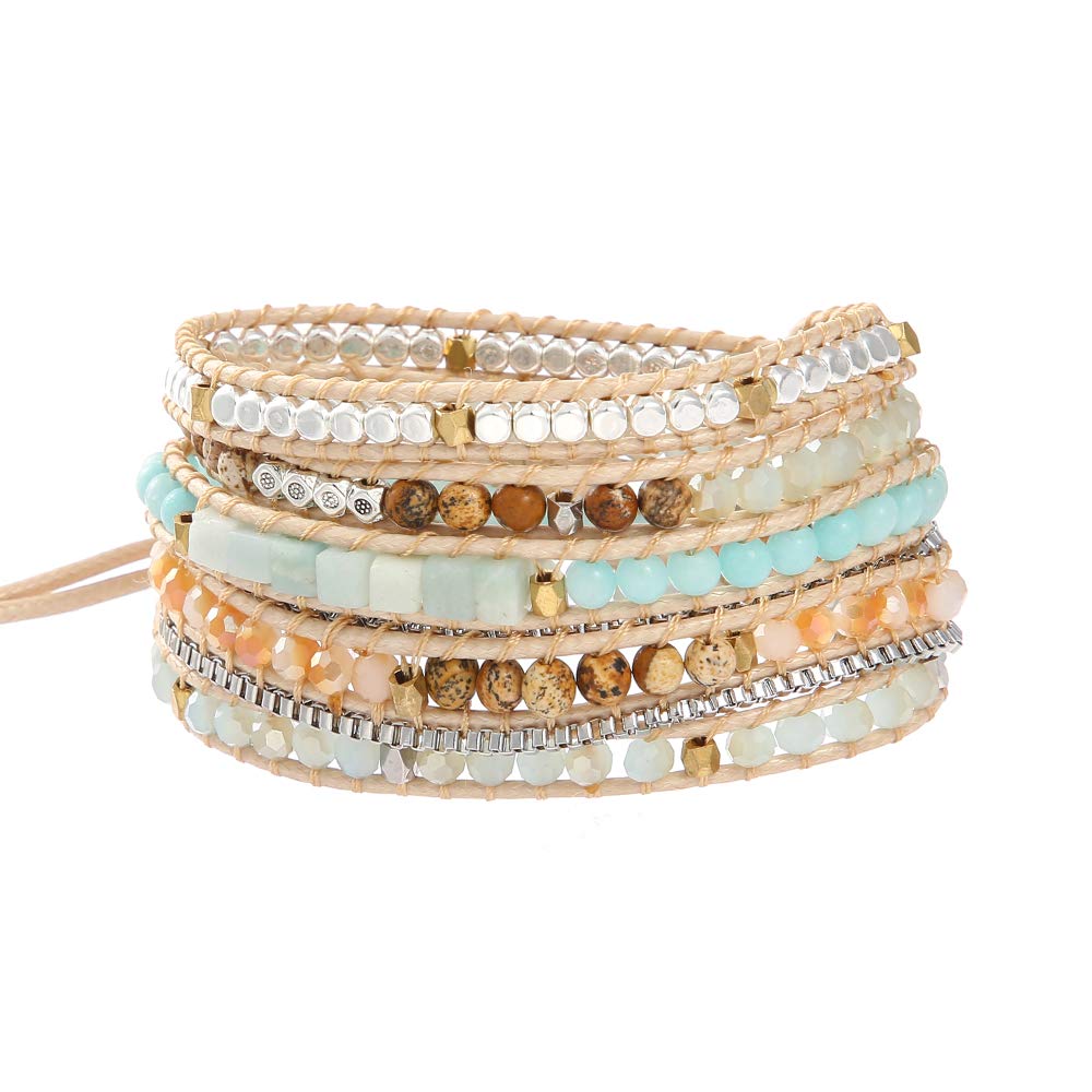 Plumiss Women Boho 5 Wraps Handmade Beaded Statement Stainless Steel Box Chain Bracelet Jewelry