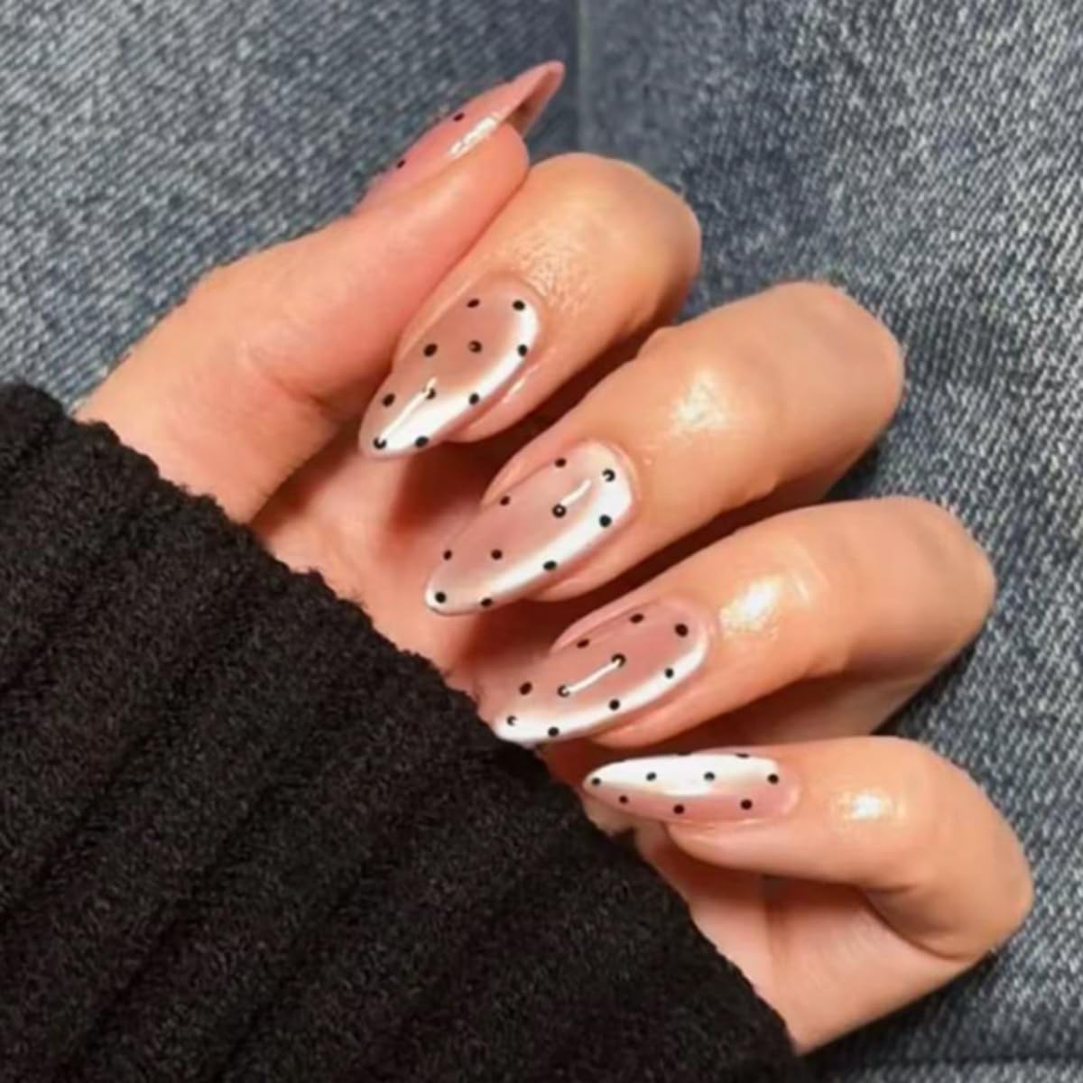 Medium Almond Press on Nails Polka Dot Fake Nails Pink Glass Nails Press ons with Black Dots Design,Reusable & Easy Apply Full Cover Glue on Nails for Women Manicure 24Pcs