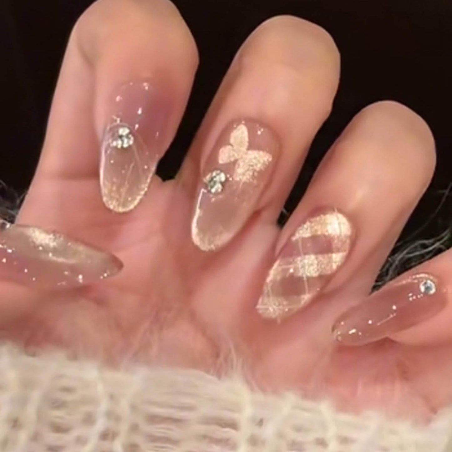 Hkanlre Bling Fake Nails Tips Lattice Press on Nails Full Cover False Cat Eyes Nails Medium for Women 24PCS