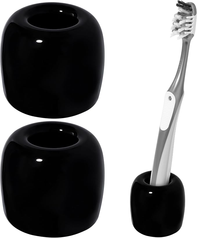 Urbanstrive Ceramic Toothbrush Holders for Bathrooms, Sleek Tooth Brush Holder Toothbrush Stand Tooth Brushing Holder, Portable Bathroom Accessories Organizer, Black, 2 Pack