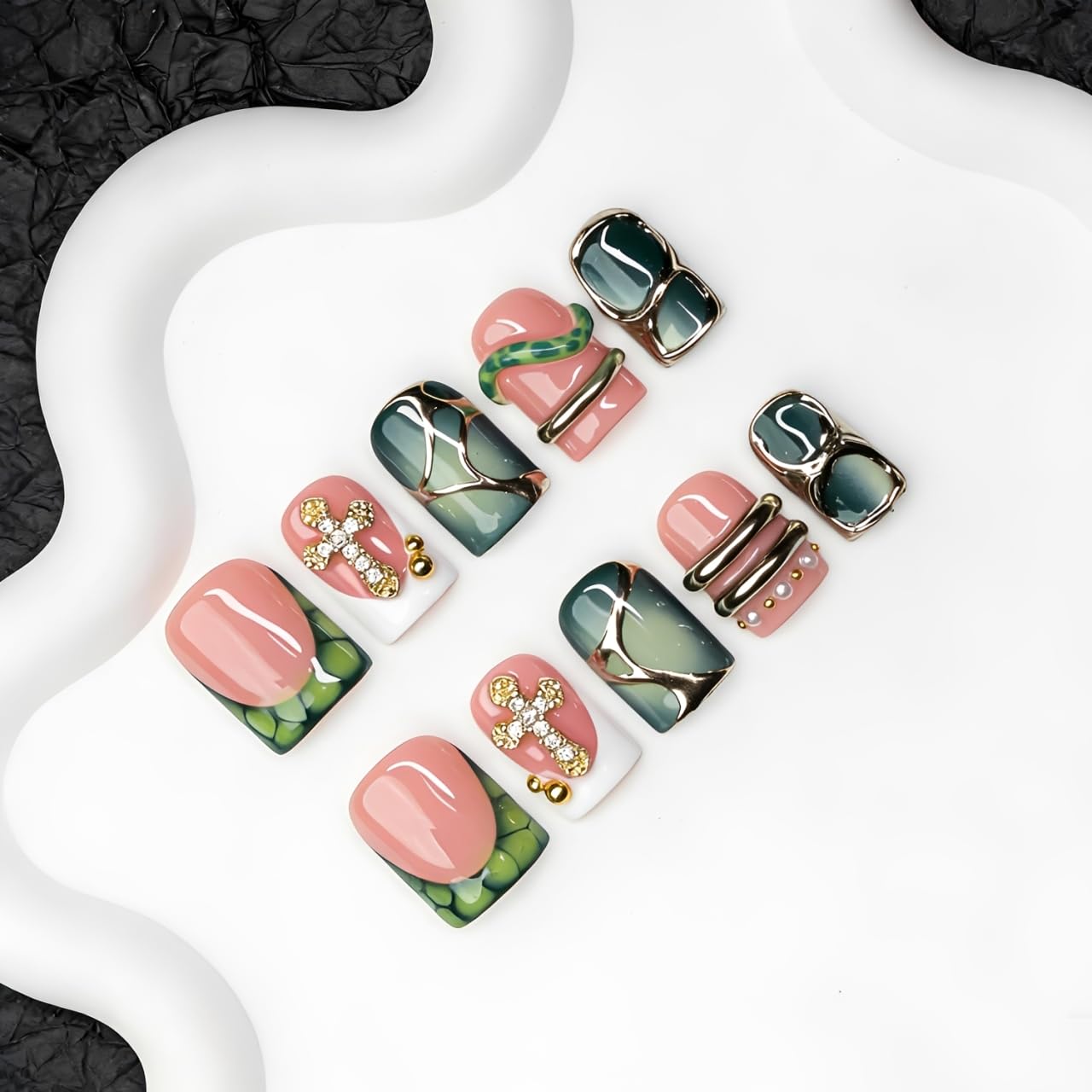 Handmade Square Press on Nails Green French Tip Short Stick on Nail 3D Silver Embossed Designs Luxury Rhinestone Pearl False Nails Muti-Layer Gel Acrylic Nails for Women Manicuare 10 Pcs（S)