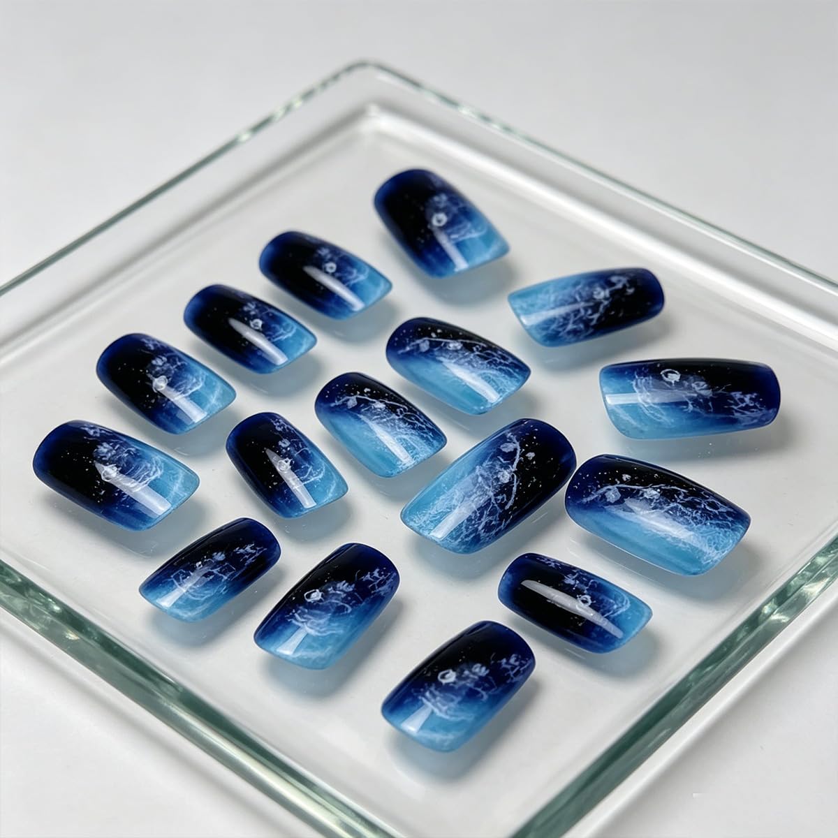 Summer Press on Nails Medium Square Fake Nails Ocean Beach False Nails Blue Gradient Acrylic Nails Reusable Full Cover Glue on Nails for Women Manicure Nail Decoration 24Pcs