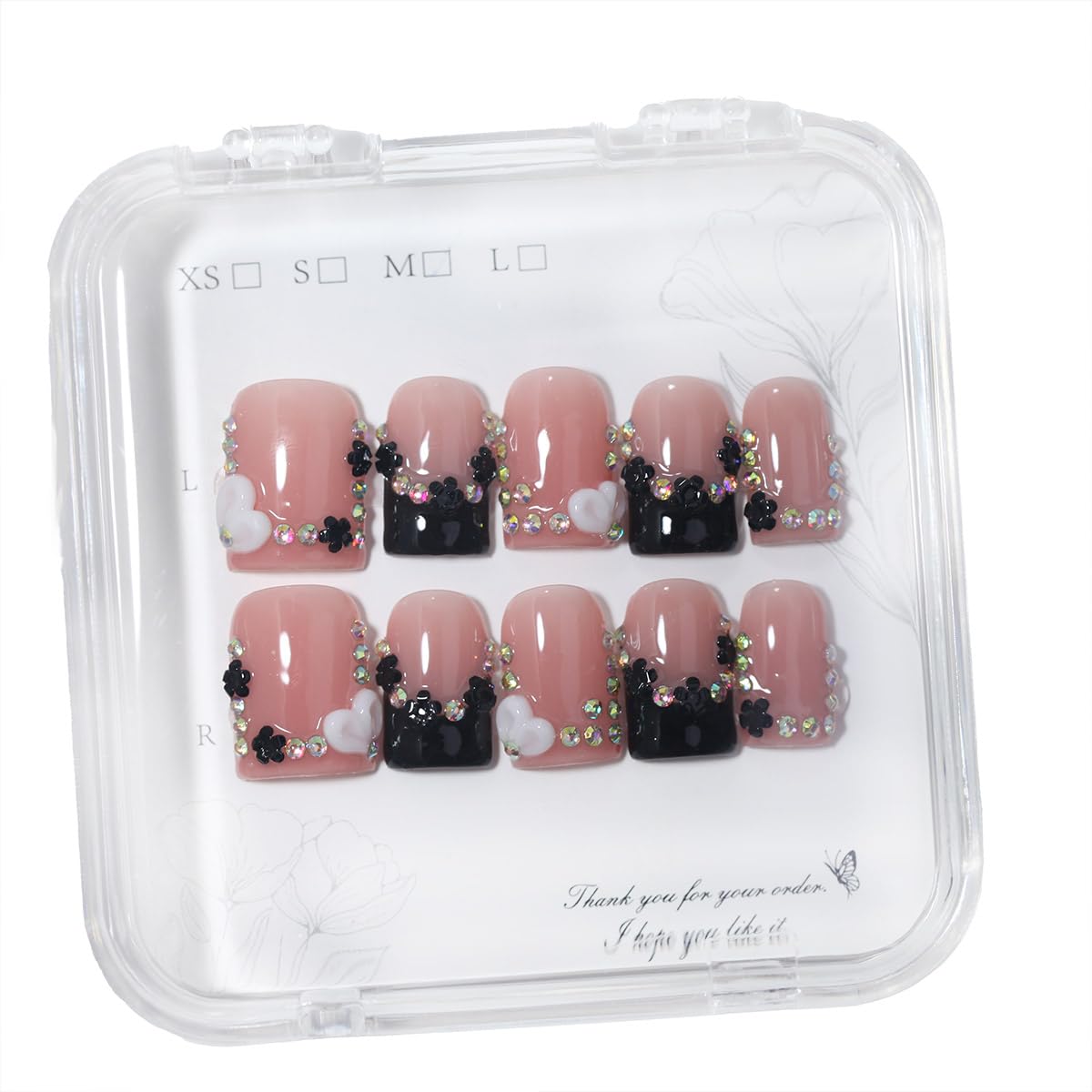 10Pcs Short Square Handmade Press On Nails | Easy Apply & Remove, Reusable Salon Quality Nails | Y2K Chic Nude Pink Fake Nails with 3D Heart, Black Flower & Rhinestone Accents(O905, S)