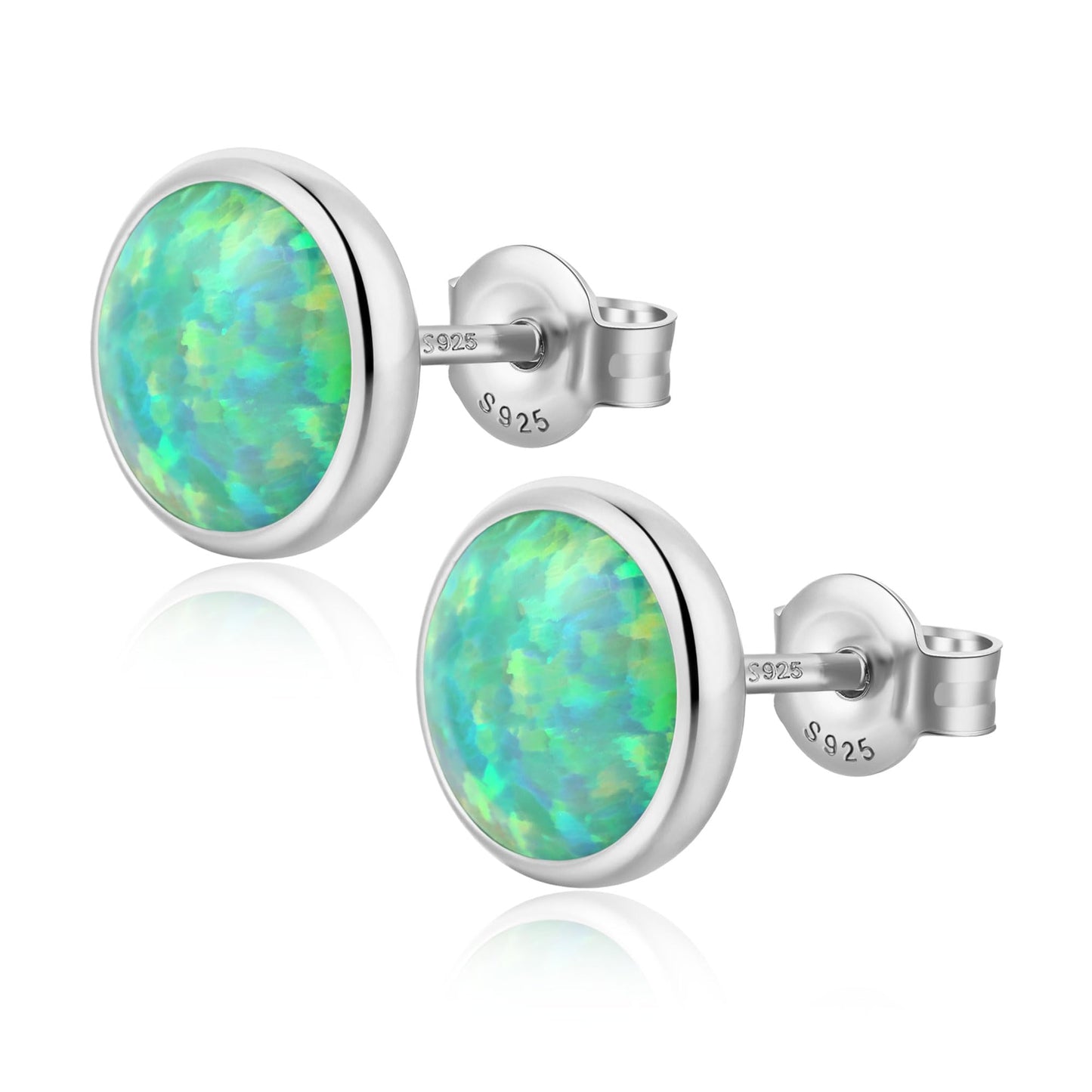 JiayangJY Silver Green Fire Opal Stud Earrings for Women Sterling Silver Round Shape 8mm Opal Earrings with Push Back