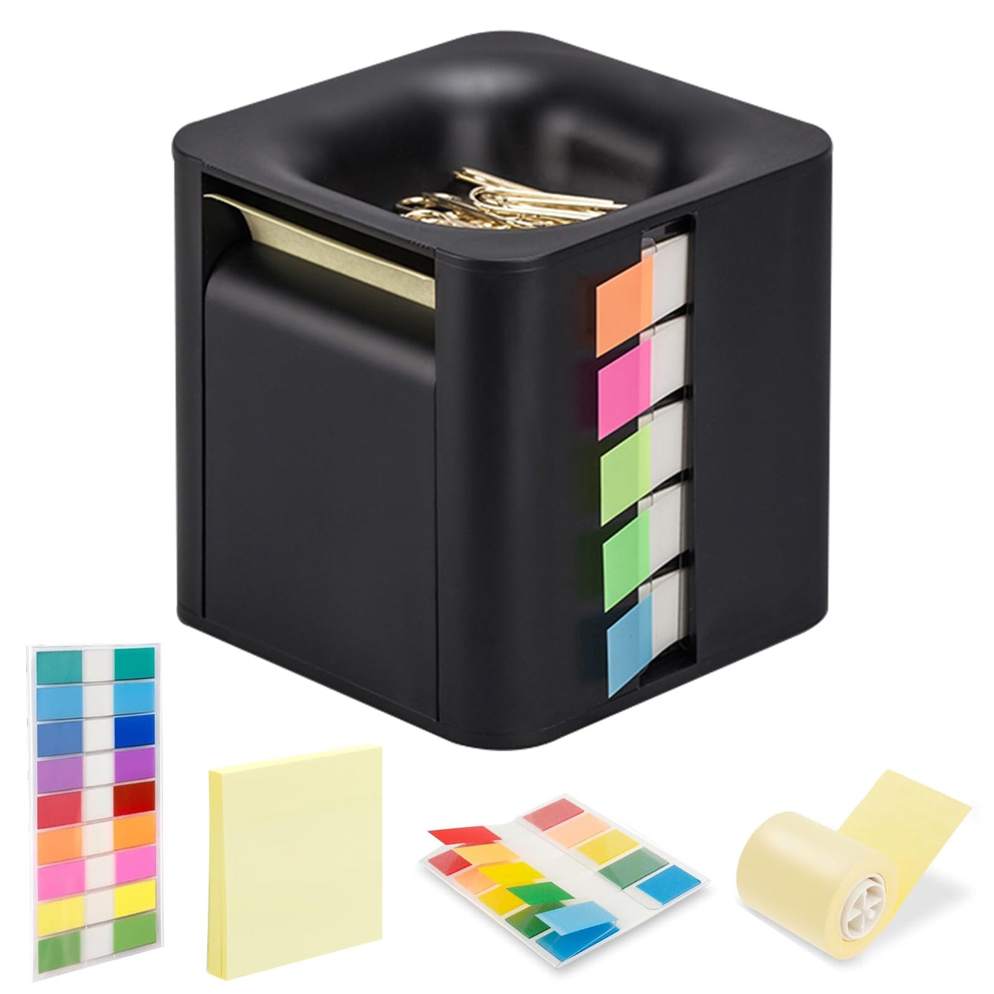 5-in-1 Sticky Note Dispenser and Holder with Pop Up Notes, Transparent Tabs, Magnetic Paper Clip Holder, Roll Sticky Notes - Multifunctional Cube Desk Organizer for Office, School & Home (Black)