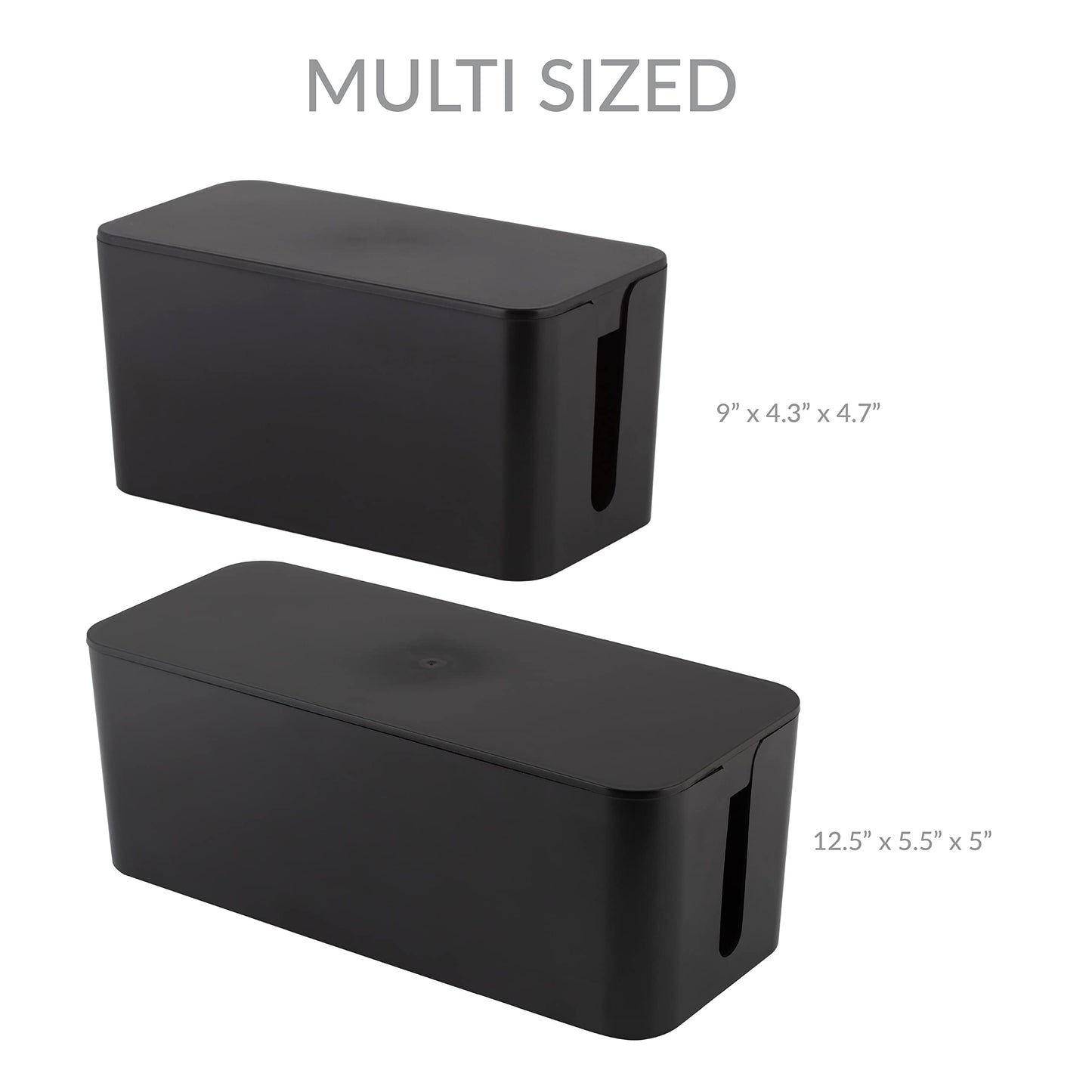 Simplify 2 Pack Cable Organizer Box | Multi-sized | Hidden Storage with Lid | Chargers & Wires | Computer & TV Cords | Black