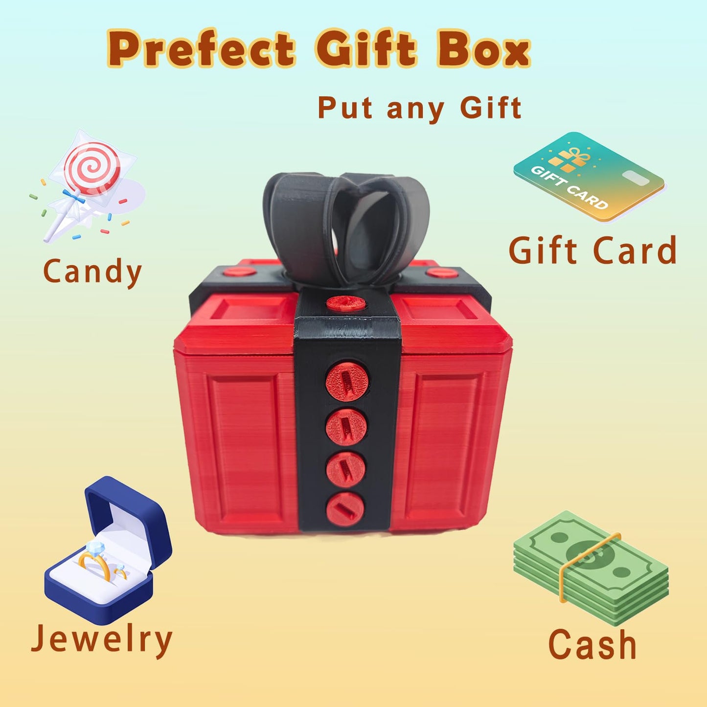 Annoying Gift Box with Screws, 3D Printed Puzzle Money Gift Box, Large Surprise Prank Box for Cash, Christmas Birthday Holiday Gag Gift (Red Black)