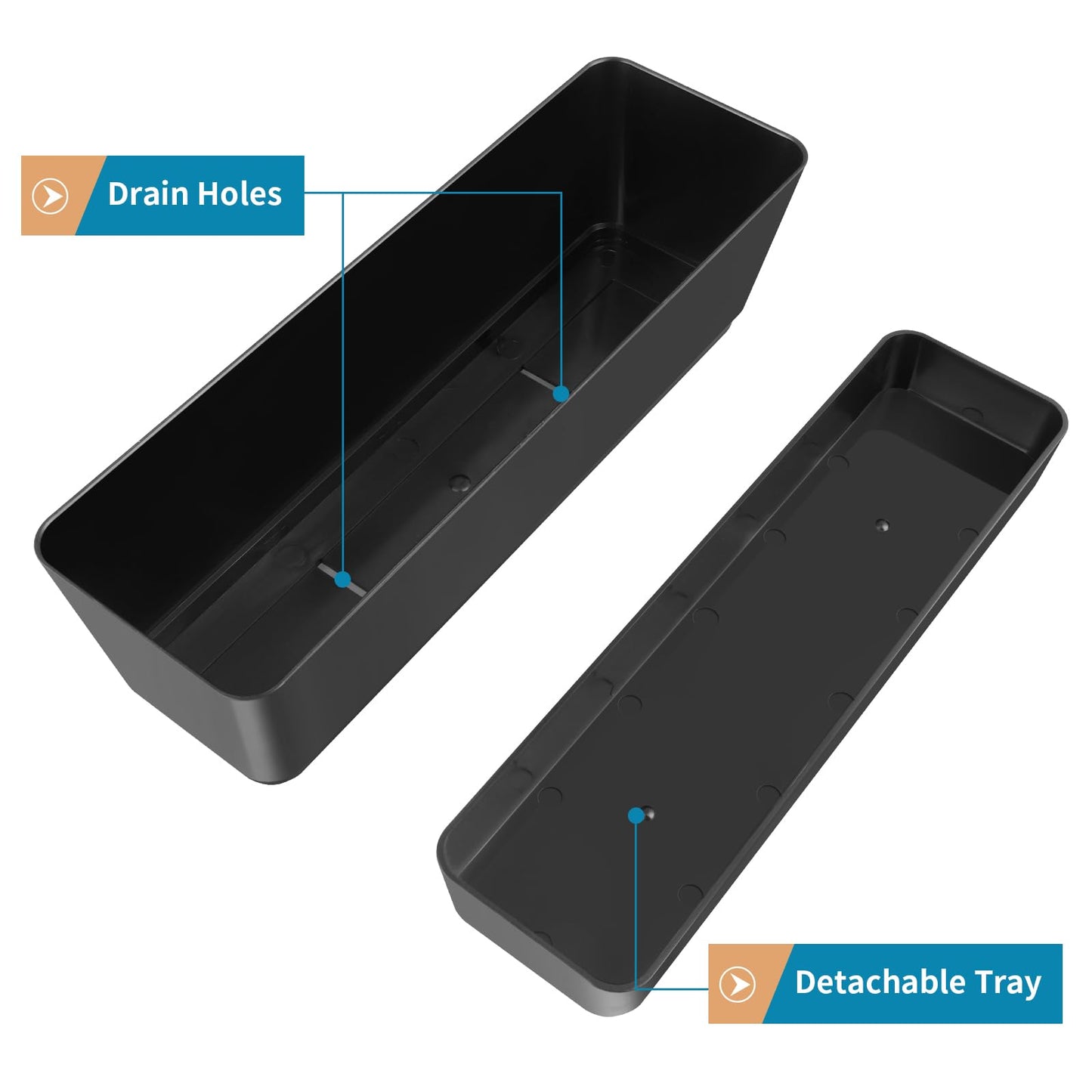 Sanbege Window Box Planter with Tray, 12" Rectangle Plant Pot, Pack of 3 (Black)