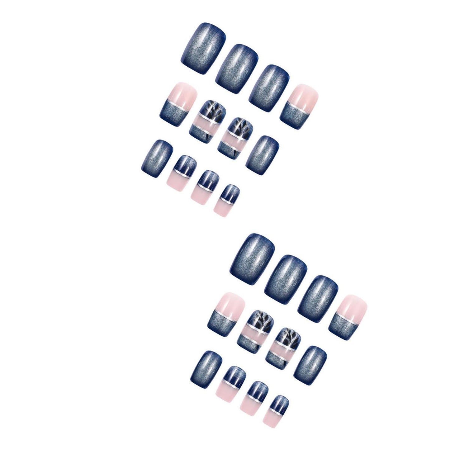 24pcs Blue French Nail Press-On Square Medium False Nails Gold Blue Leaf Glue Acrylic Nails Full Cover Spring Summer False Nails with Pattern Flower Nail Art Decoration for Women