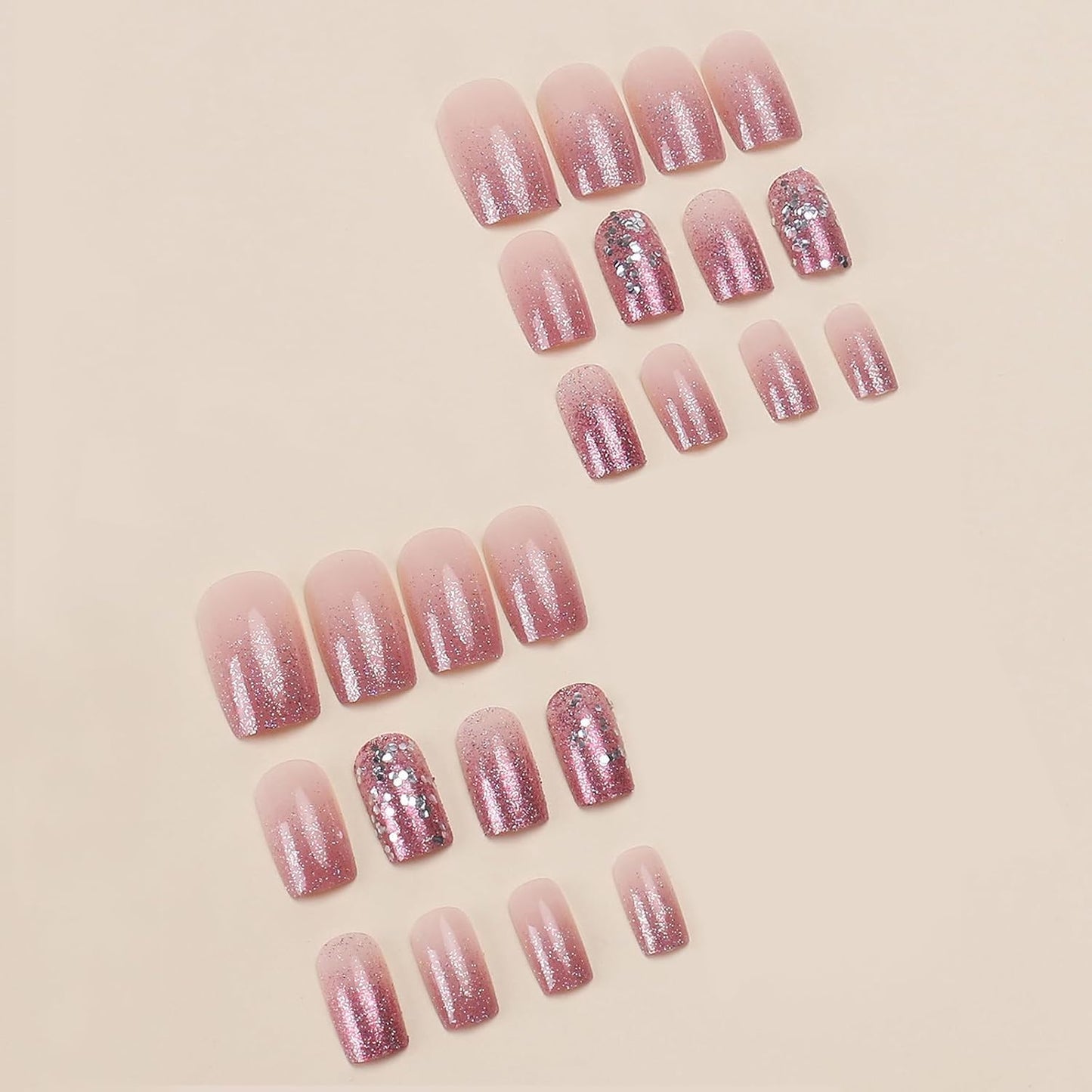 Medium Press on Nails Pink Gradient Fake Nails Full Cover Sparkly False Nails Purple Glitter Acrylic Nails Cute Press on Nails Square Glue on Nails Bling Fake Nails for Women Manicure Kit 24Pcs