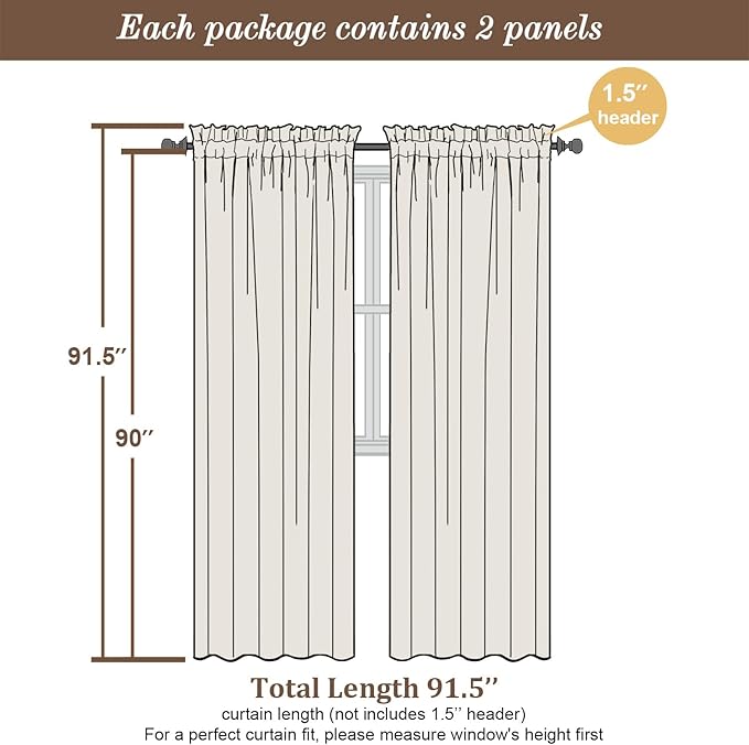 Chyhomenyc White Curtains 90 Inch Length 2 Panels Set, Faux Linen Textured Semi Light Filtering Soft Airy Farmhouse Window Curtain Drapes for Living Room Bedroom, 50Wx90L