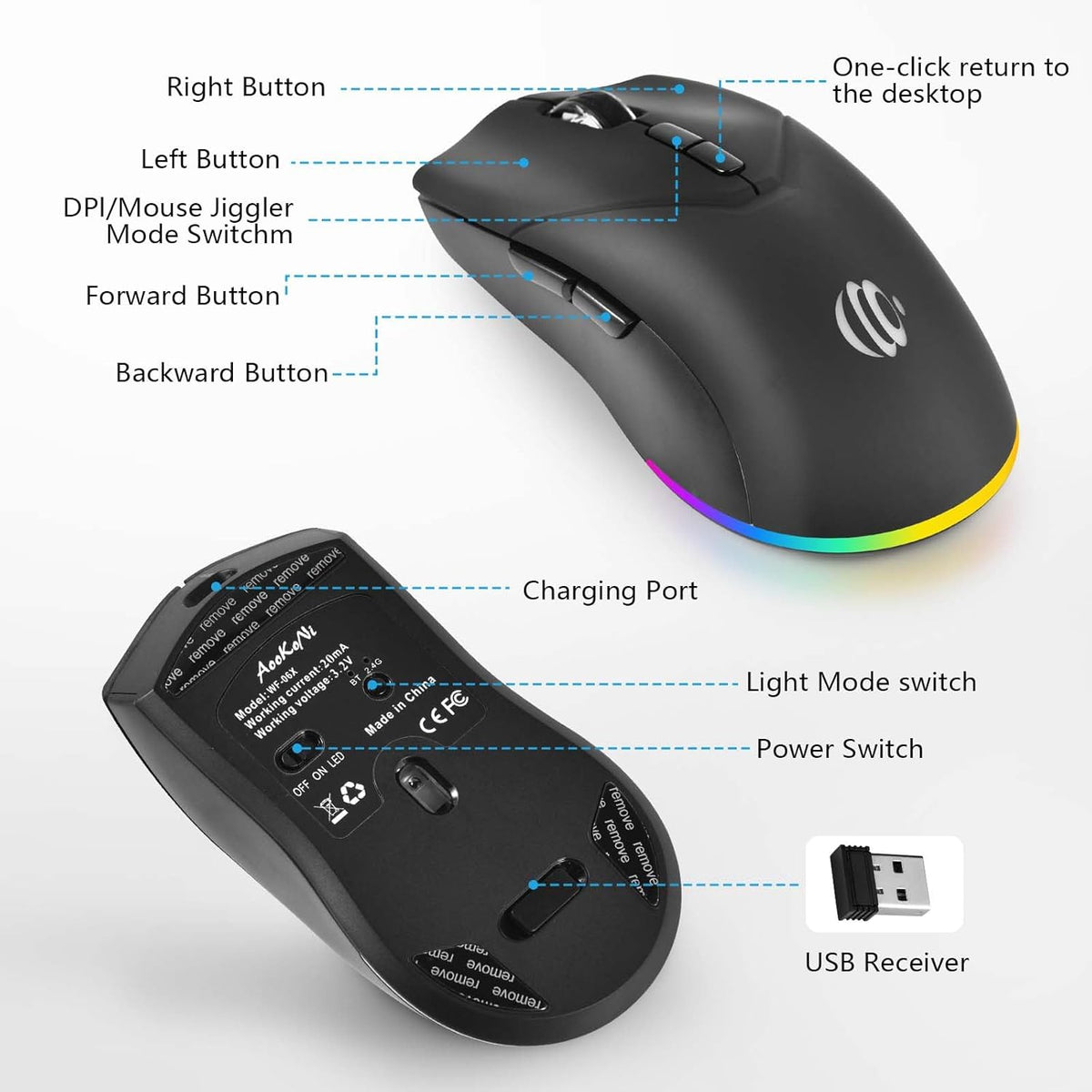 Wireless Bluetooth Mouse, 2.4G and Bluetooth 5.2 Ergonomic Rechargeable USB Optical Mouse, 3 Adjustment DPI， 1600 DPI Dual Mode Silent Wireless Mouse for Mac，Laptop, PC, Windows.(Black)