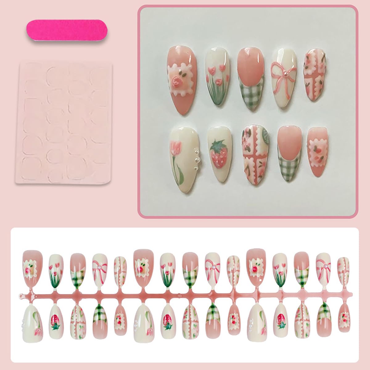 30Pcs Spring Press on Nails Medium Almond Fake Nails with Small Flower Strawberry Full Cover Cute Glue on Nails Green French Tip False Nails Bow Acrylic Nails Pink Artificial Stick on Nails for Women