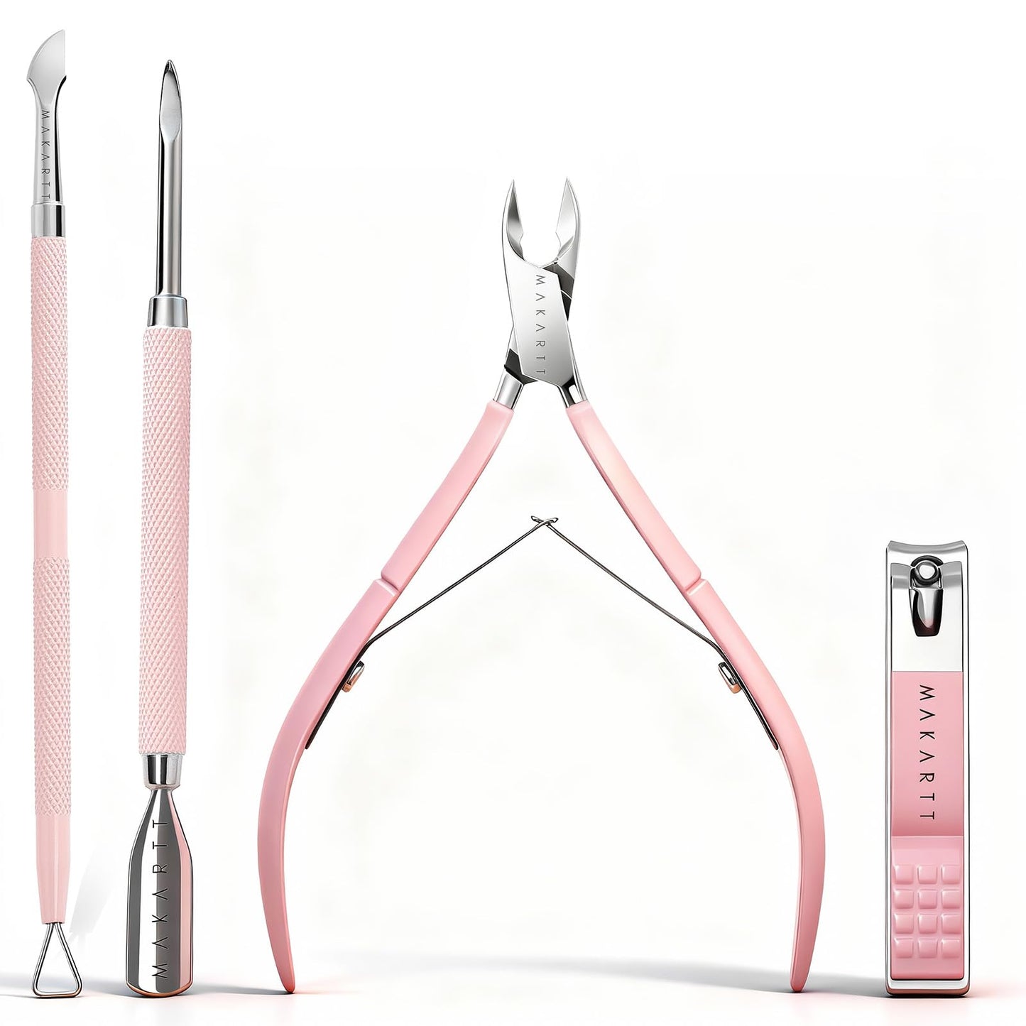 Makartt Cuticle Trimmer Set with Professional Cuticle Nipper, 2 Cuticle Pushers & Nail Clipper, Stainless Steel Pink Manicure Tools Kit for Women, Sharp, Ergonomic & Portable