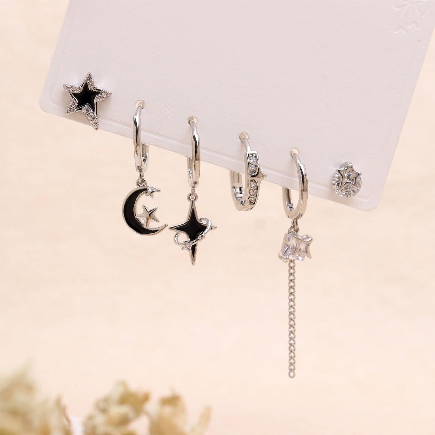 Frigotine 3PCS Silver Star Hoop Stud Earrings Stack Set for Women, Dainty Rhinestone Star Black Enamel Moon Planet Tassels Multiple Piercing Cartilage Prom Fashion Jewelry Gift