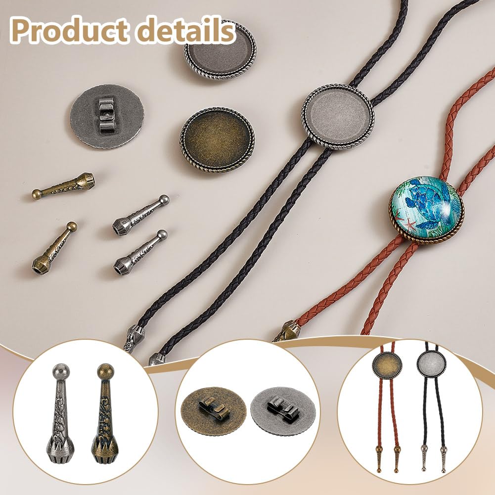 AHANDMAKER 2 Colors Bolo Tie Making Kits, 16pcs 1.28Inch Long Alloy Bolo Tie Tips Replacement End Caps, 8pcs Bolo Tie Slide Clasp Cabochon Settings, Bolo Necklace Replacement Kit for Bolo Tie Making