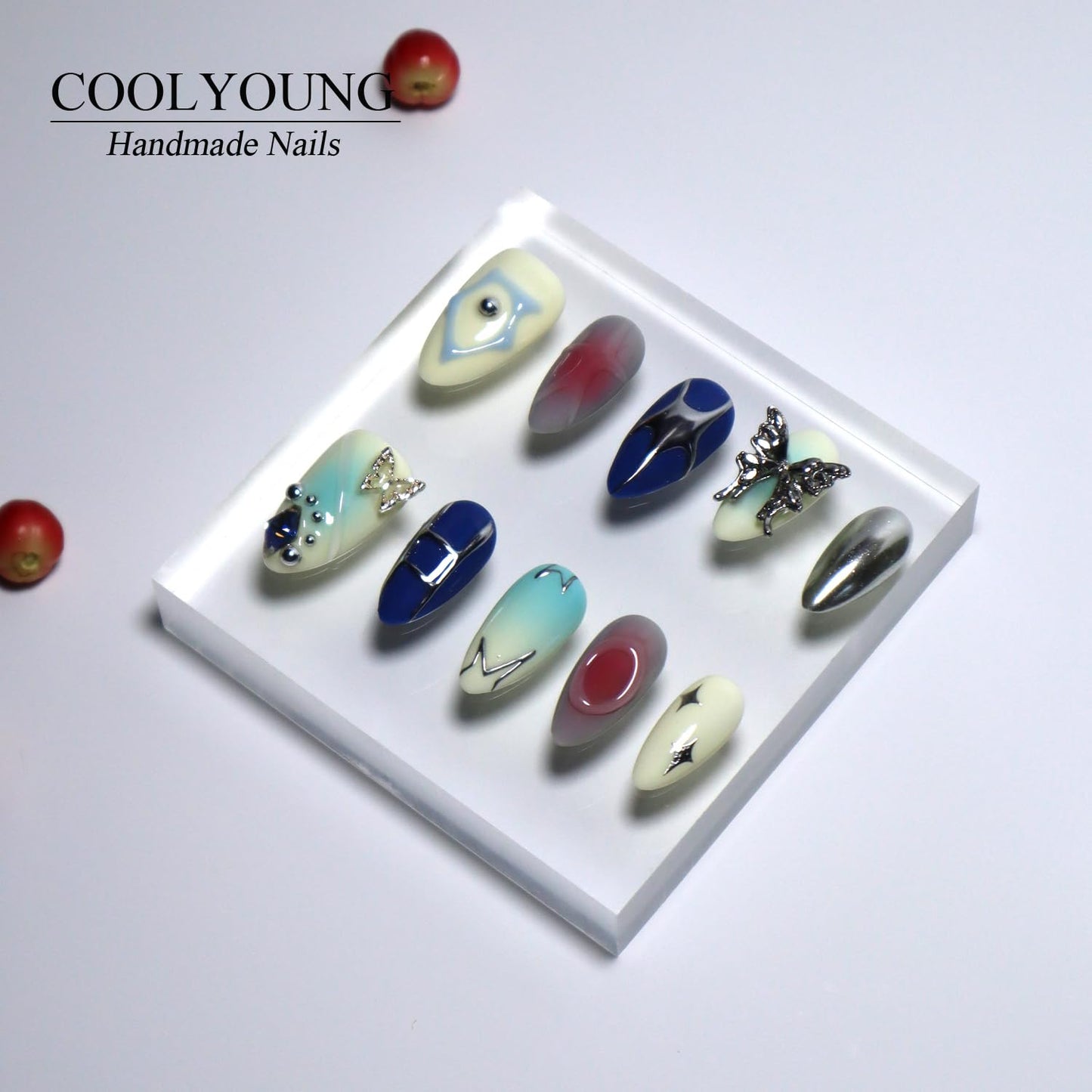 Homemade Press On Nails, Short Almond Press On Nails, Press On Nails Acrylic, Blue Press On Nails, Fake Nails With Designs, Press On Nails 3D, COOLYOUNG Handmade Nails, 10 PCS, Size S