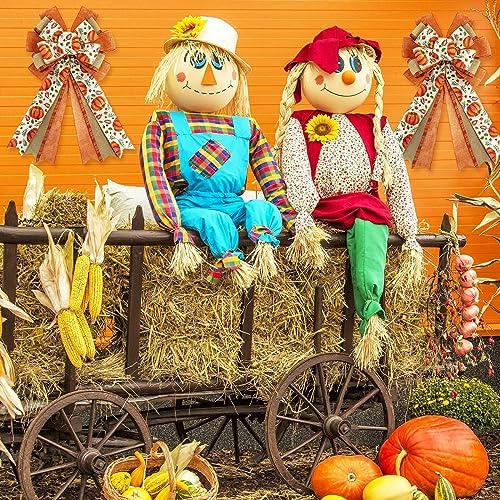 Whaline 2 Pack Fall Wreath Bow Pumpkin Print Burlap Bow Autumn Decorative Tree Topper Ornaments Gift Bows for Thanksgiving Birthday Wedding Party Supplies Indoor Outdoor Home Decor, 19.7 x 11.4 Inch