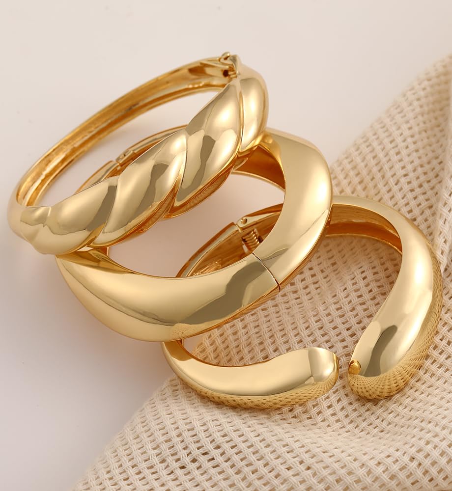 Chunky Gold Bangle Bracelets for Women, Dainty 14k Gold Plated Big Stackable Bangles Set, Trendy Cuff Bracelet Stack Fashion Jewelry Gifts (A4-gold)