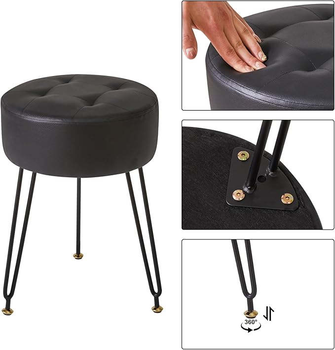 IBUYKE Faux Leather Round Footrest Stool, Makeup Vanity Stool Side Table, PU Dressing Table Seat, Pouf Couch Stool, Golden Steel Legs, Black LG-31B