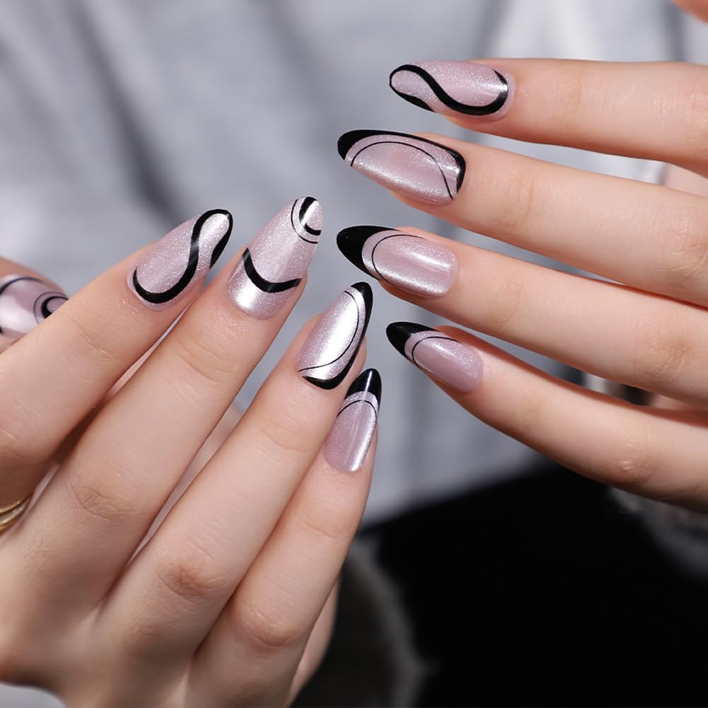 WAFOLOZE Press On Nails Long Almond Fake Nails Holiday Nail Press Ons With Simple Black Lines Cat's Eye Design, Artificial False Nails Stick On Nails for Women-30Pcs
