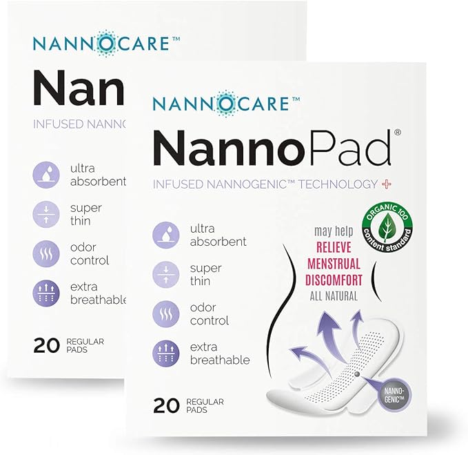Pads for Women - Nannocare Certified, Organic Cotton - Discomfort Reducing Pads With Wings - Feminine Hygiene - 2 Pack of 20