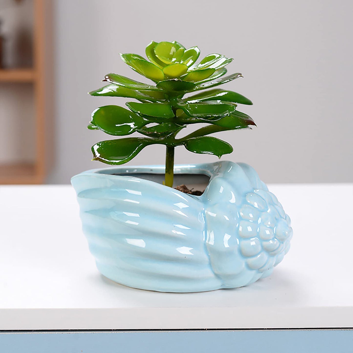 Foraineam Succulent Plant Pots, 5.5-6.5 Inch Ceramic Flower Planter Pots, Blue Conch Ocean Seashell Series, Set of 4 Succulent Cactus Plant Container with Drainage Hole