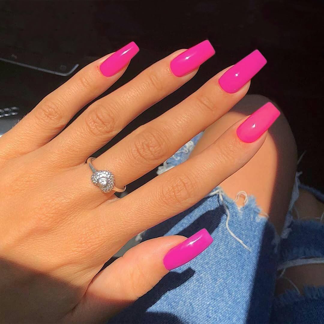 KQueenest Long Medium Press On Nails Coffin Nails Press Ons Gloss, Vibrant Hot Pink Color Full Cover Long Fake Nails For Women, Thick Gel Square Tip Nails Acrylic False Nails Set, 24 Pcs
