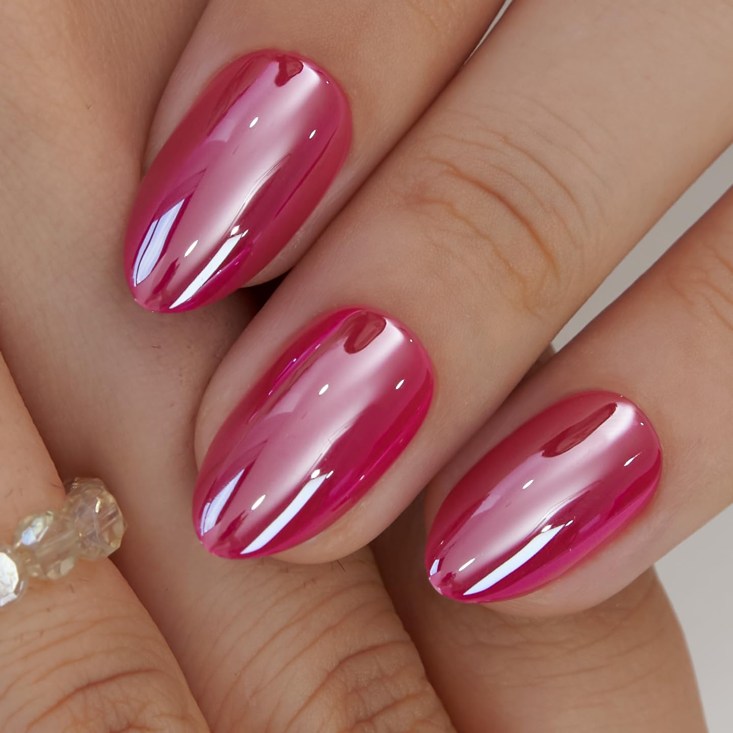 CurvLife 30pcs Press on Nails, Acrylic Fake Nail with Apricot Design, Full Cover False Nails Tips Glossy Nude Glue on Nails Artificial Stick on Nails for Women (fuchsia chrome nails, Medium)